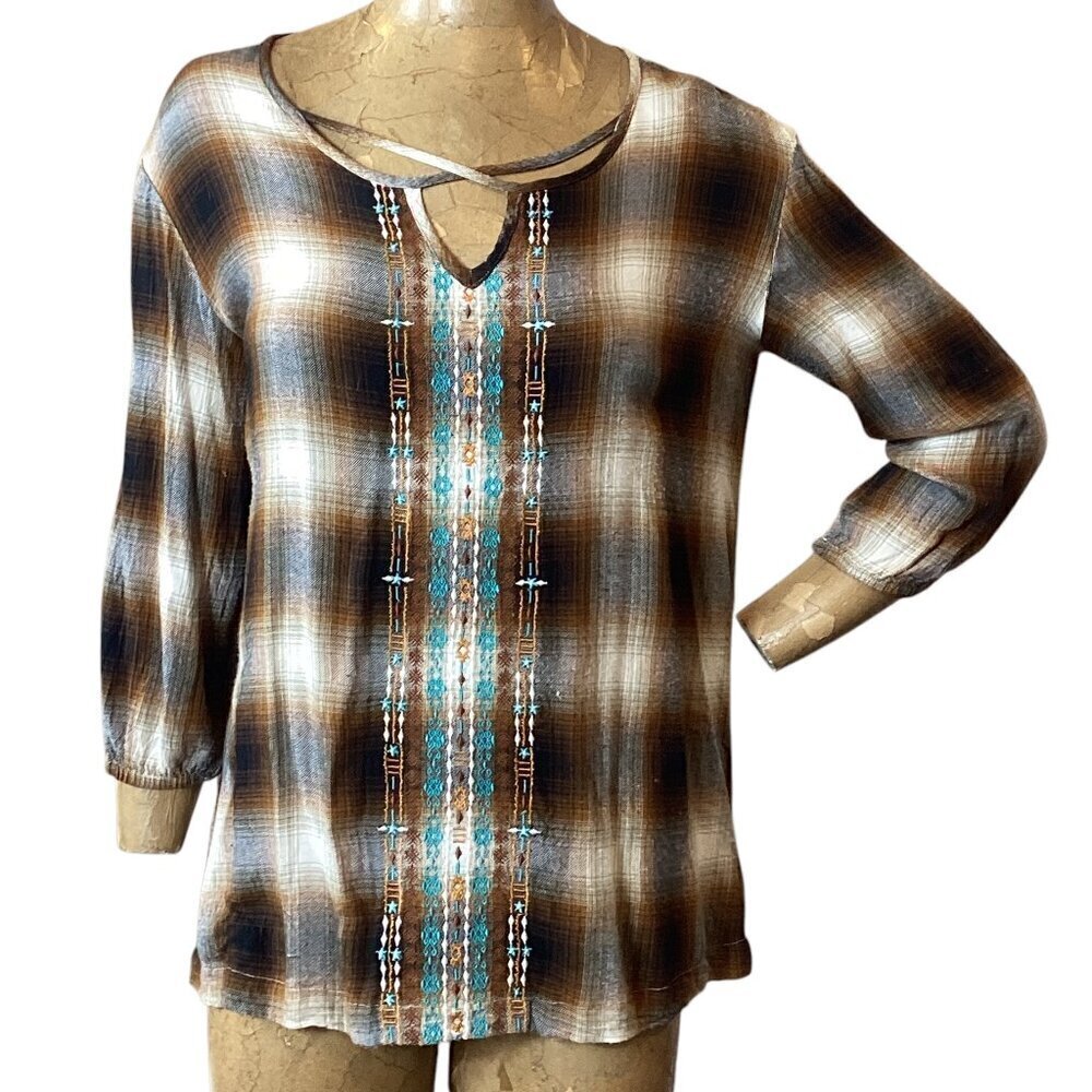 Panhandle Soft Flannel Embroidered‎ Plaid Top Sz S #120T